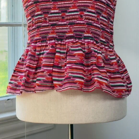 Loft Peplum Top Pink Striped Smocked Blouse 100% Cotton Dressy Casual Preppy Y2K - Picture 2 of 9
